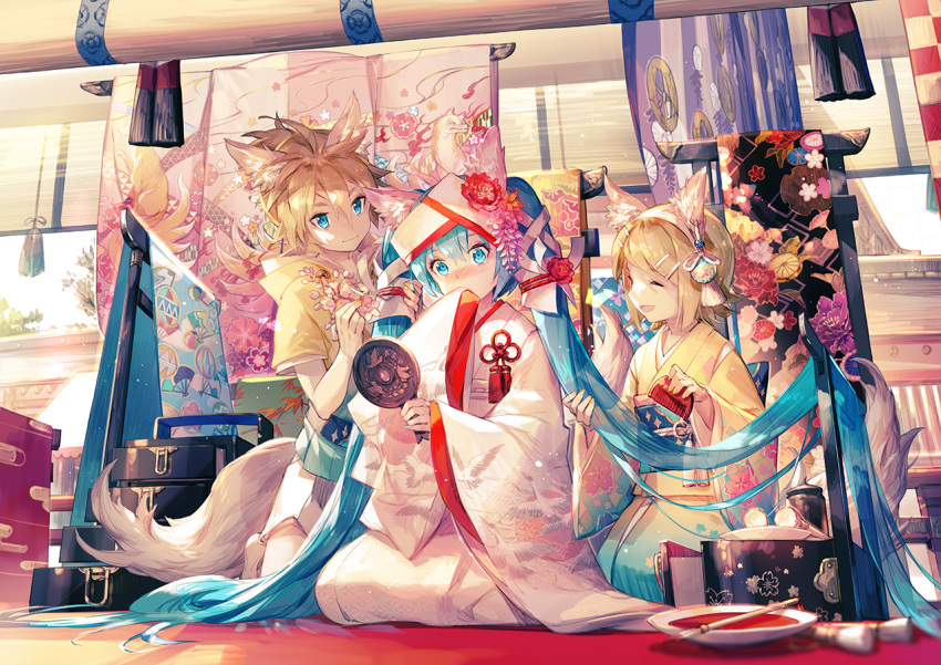 1boy 2girls adjusting_hair_ornament animal_ears animal_print aqua_eyes aqua_hair bird blonde_hair blue_eyes blush bowl brush closed_eyes combing commentary crane_(animal) drawer floral_print flower fox_ears fox_print fox_tail hair_flower hair_ornament hand_to_own_mouth hatsune_miku holding_comb holding_hair_ornament holding_mirror indoors japanese_clothes kagamine_len kagamine_rin kimono kneeling long_hair multiple_girls obi open_mouth sash scorpion5050 seiza sitting sleeves_past_wrists smile tail tassel twintails uchikake very_long_hair vocaloid white_kimono wide_sleeves yellow_kimono