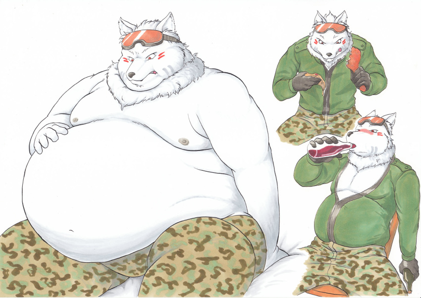 anthro belly big_belly blush bottle camo camo_print canid canine canis chair chubby_cheeks clothed clothing double_chin drinking eating eyewear facial_markings food fur gloves goggles goggles_on_head hand_on_stomach handwear head_markings hi_res holding_bottle holding_food holding_object killpanda male mammal markings moobs navel nipples obese obese_male overweight overweight_male pizza sequence sitting slightly_chubby solo thick_thighs topless weight_gain white_fur wide_hips wolf