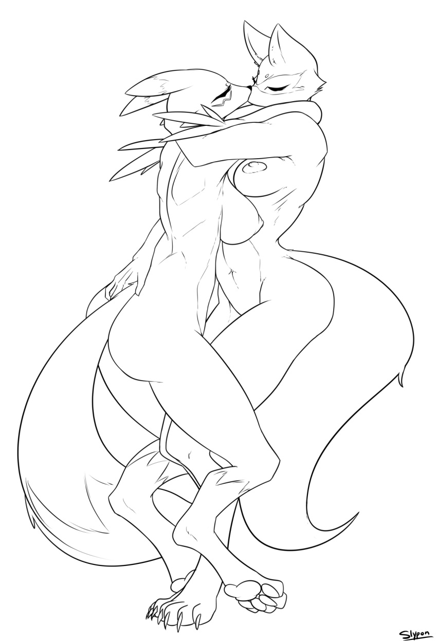 2015 alopex anthro arctic_fox areola arm_around_neck big_breasts big_tail black_and_white breasts butt butt_grab canid canine cheek_tuft claws crossover digimon digimon_(species) digitigrade duo ears_back embrace eyes_closed female female/female fluffy fluffy_tail fox fur hand_on_butt hi_res hug kissing mammal monochrome navel nipples nude pawpads paws pivoted_ears renamon side_boob side_view simple_background sketch slypon standing teenage_mutant_ninja_turtles toe_claws tuft white_background