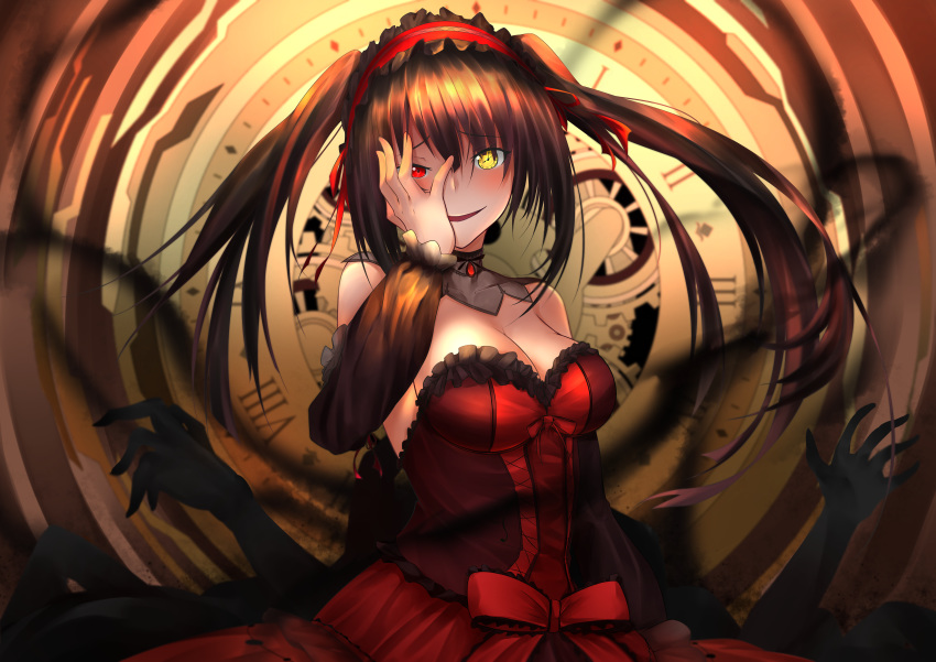 1girl :d absurdres asymmetrical_hair bare_shoulders black_hair blush breasts cleavage clock_eyes commentary_request date_a_live date_a_live:_date_a_bullet detached_collar detached_sleeves gothic_lolita hairband hand_on_own_face highres huge_filesize lolita_fashion lolita_hairband long_hair medium_breasts mr2d open_mouth red_eyes roman_numerals smile solo symbol-shaped_pupils tokisaki_kurumi twintails yellow_eyes