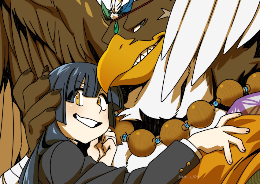 5_fingers anthro avian beak black_hair blue_eyes brown_feathers clothed clothing feathers female female_protagonist_(tas) fingers gandharva hair hi_res human humanoid_hands larger_male long_hair male male/female mammal multicolored_feathers prayer_beads protagonist_(tas) scar size_difference toimo_2610 tokyo_afterschool_summoners topwear two_tone_feathers video_games white_feathers yellow_eyes