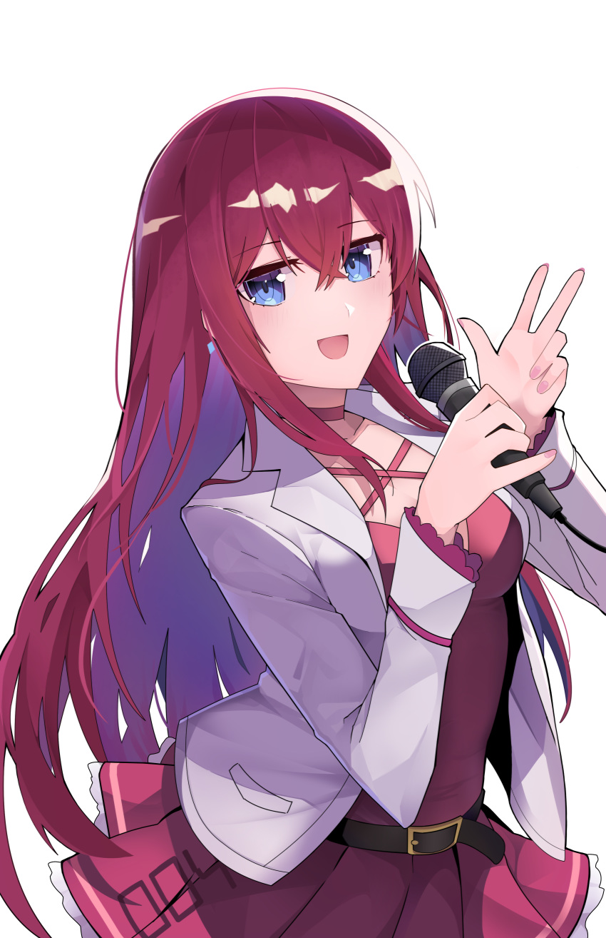 1girl absurdres bangs belt belt_buckle blue_eyes blush breasts brown_hair buckle collarbone commentary_request dress eyebrows_visible_through_hair fripside hair_between_eyes highres holding holding_microphone idol idol_(7th_dragon) jacket long_hair long_sleeves looking_at_viewer makise_kurisu microphone music open_mouth pink_dress simple_background singing smile solo steins;gate upper_body v white_background