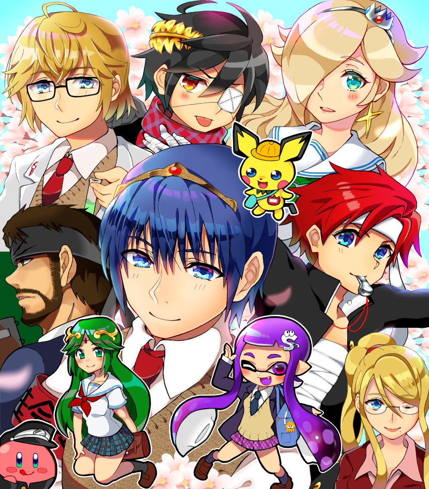 absurdres ao_hito bandana beard blonde_hair blue_eyes blush dark_pit eyepatch facial_hair fire_emblem fire_emblem:_mystery_of_the_emblem fire_emblem:_the_binding_blade flower glasses gloves green_eyes green_hair hair_ornament hair_over_one_eye hat highres inkling kid_icarus kirby kirby_(series) labcoat long_hair looking_at_viewer marth_(fire_emblem) metal_gear_(series) metal_gear_solid metroid mole palutena pichu ponytail rosalina roy_(fire_emblem) samus_aran school_uniform shulk simple_background solid_snake splatoon_(series) star super_smash_bros. tentacle_hair white_background xenoblade_(series) xenoblade_1