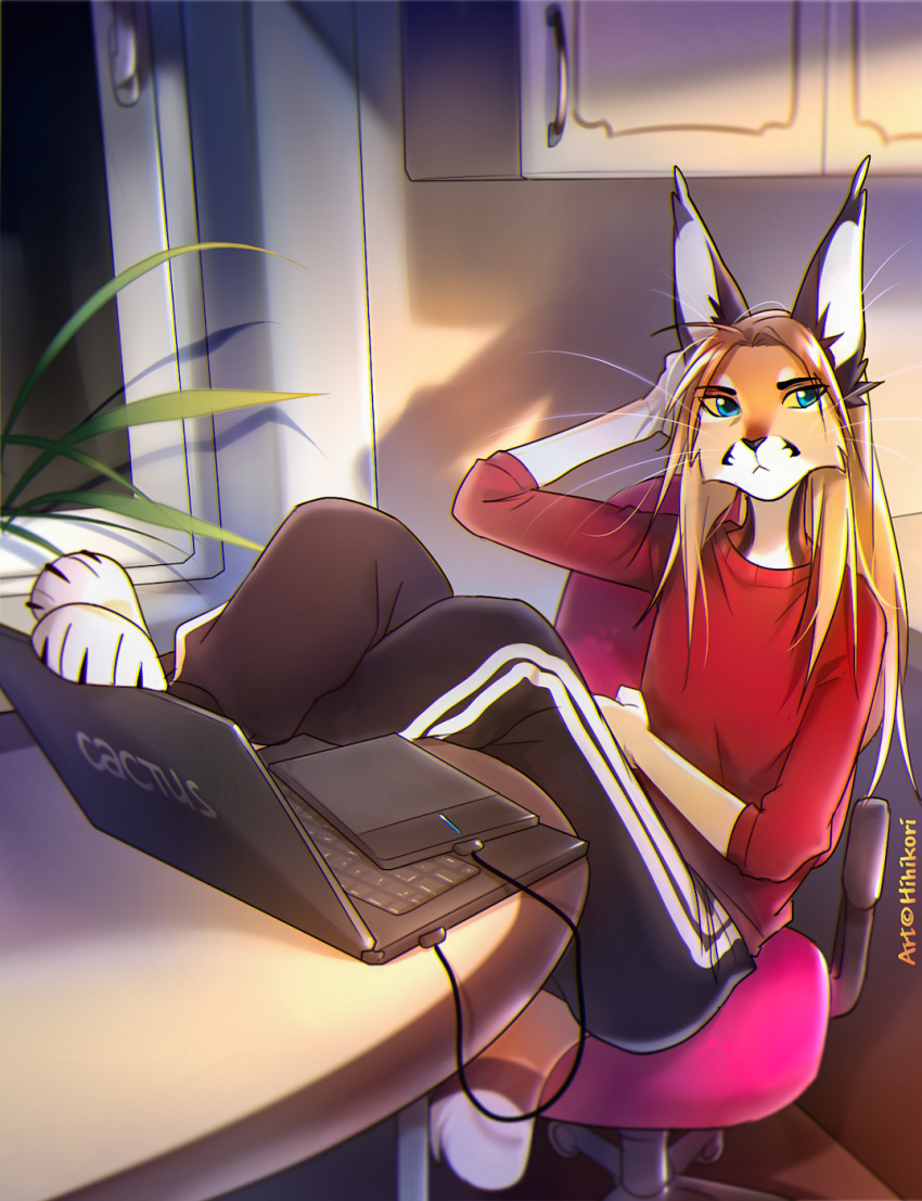 2019 anthro barefoot blue_eyes caracal caracal_(genus) claws clothed clothing digital_media_(artwork) felid feline fingers girly hi_res hihikori invalid_tag lynx male mammal sitting solo toe_claws toes whiskers yellow_sclera