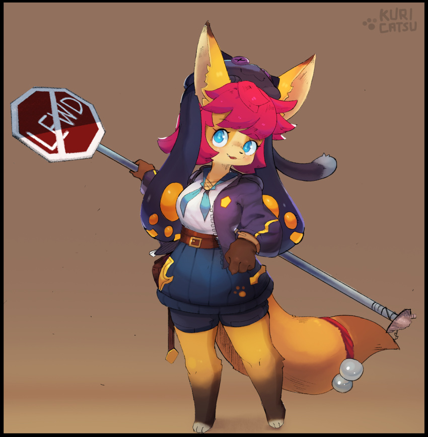 4_fingers anthro big_breasts blue_eyes breasts brown_background canid canine clothed clothing english_text female fingers fox fur hair hat headgear headwear hi_res kemono kuri-karu looking_at_viewer mammal orange_fur red_hair simple_background solo standing stop_sign text