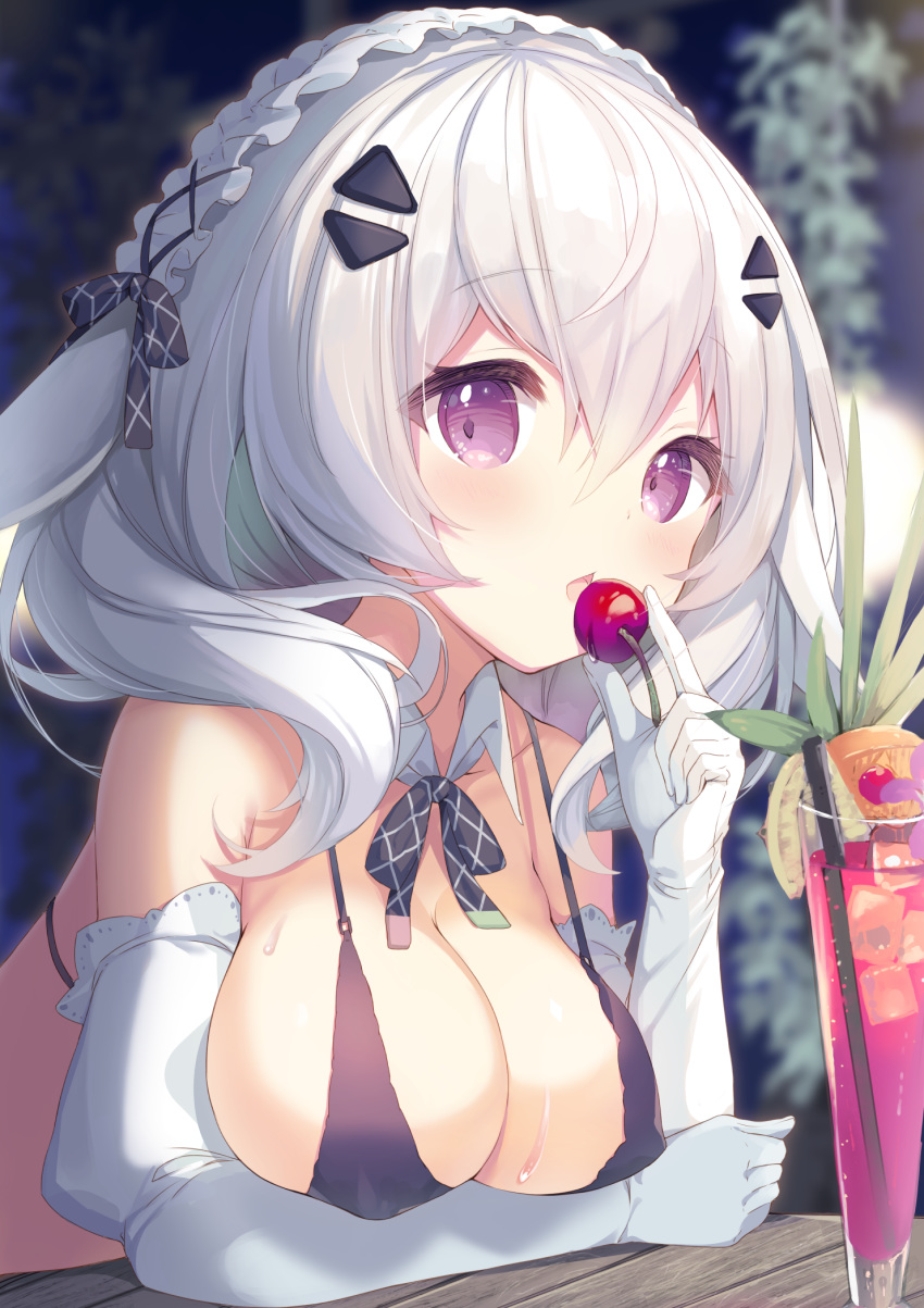 1girl animal_ears bangs bikini black_bikini black_bow bow breasts bunny_ears cherry chestnut_mouth commentary_request cup drink drinking_glass drinking_straw elbow_gloves eyebrows_visible_through_hair food frills fruit gloves hair_between_eyes hair_bow hair_ornament hairclip highres holding holding_food large_breasts long_hair looking_at_viewer original p19 parted_lips purple_eyes silver_hair solo swimsuit twintails upper_body white_gloves