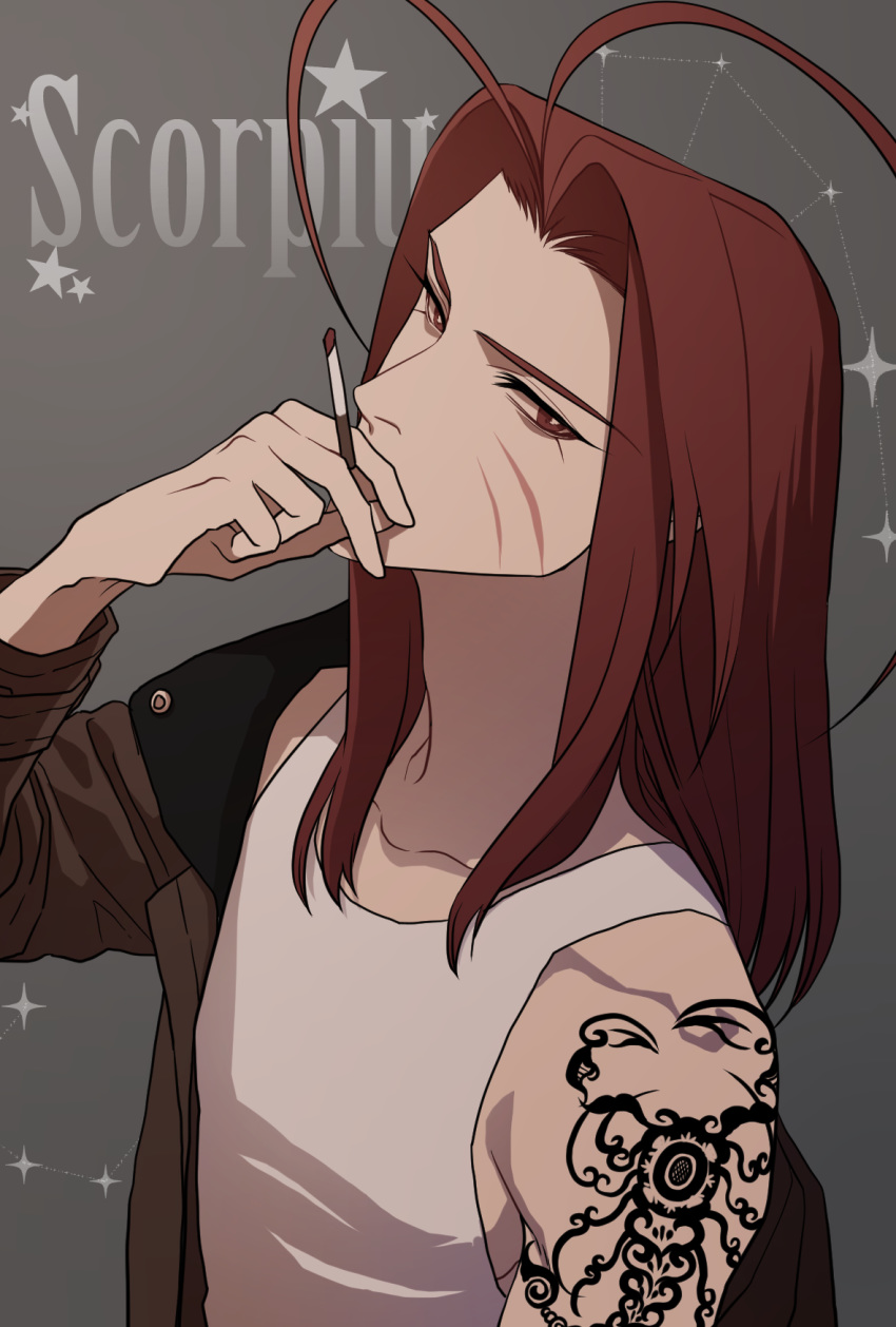 1boy antenna_hair cigarette english_text facial_scar grey_background highres jacket long_hair looking_at_viewer male_focus off_shoulder red_eyes red_hair sagold saiyuki scar sha_gojou shirt smoking solo star tattoo upper_body white_shirt