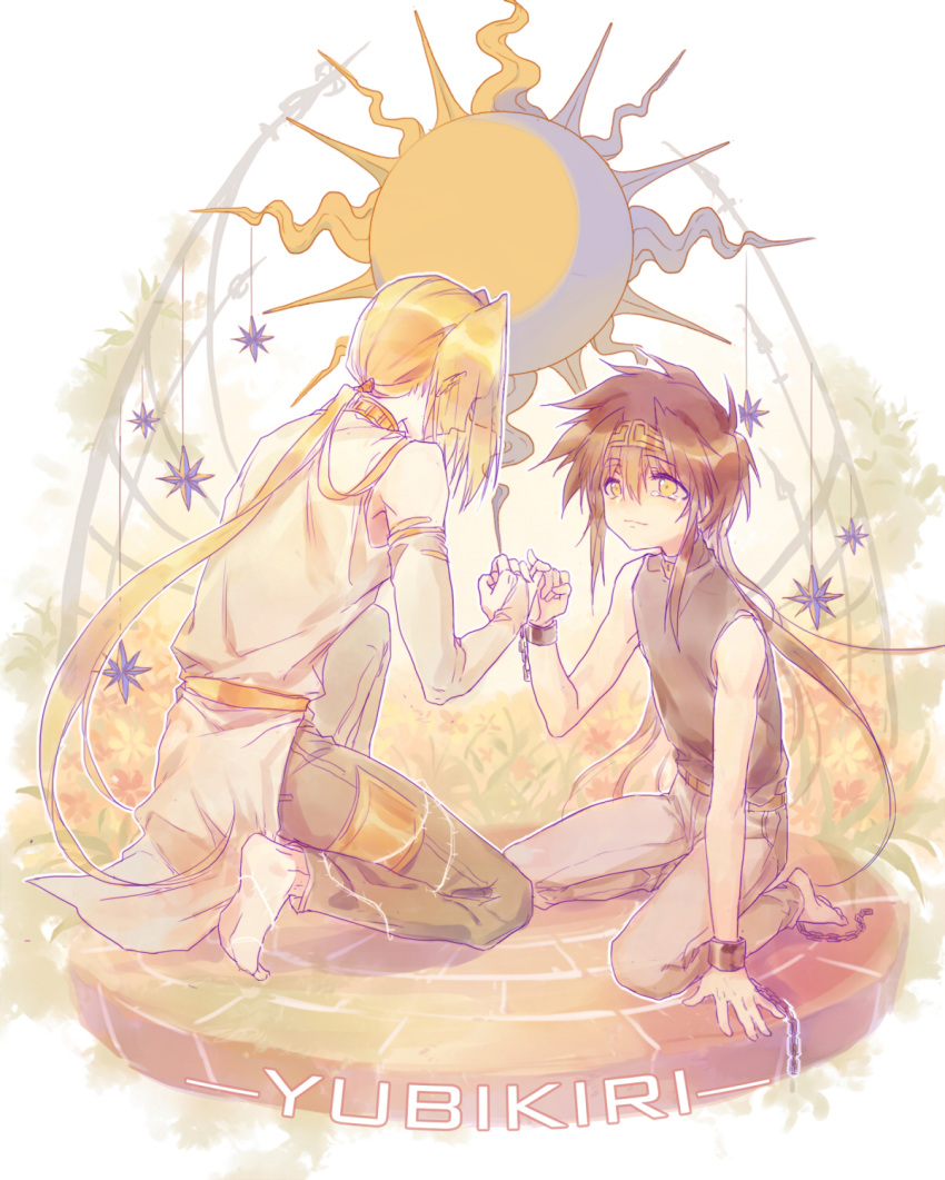 2boys barefoot blonde_hair brown_eyes brown_hair chain feet full_body highres kneeling konzen_douji long_hair male_focus max_(744275974) multiple_boys pinky_swear ponytail saiyuki sidelocks son_goku_(saiyuki) star sun very_long_hair