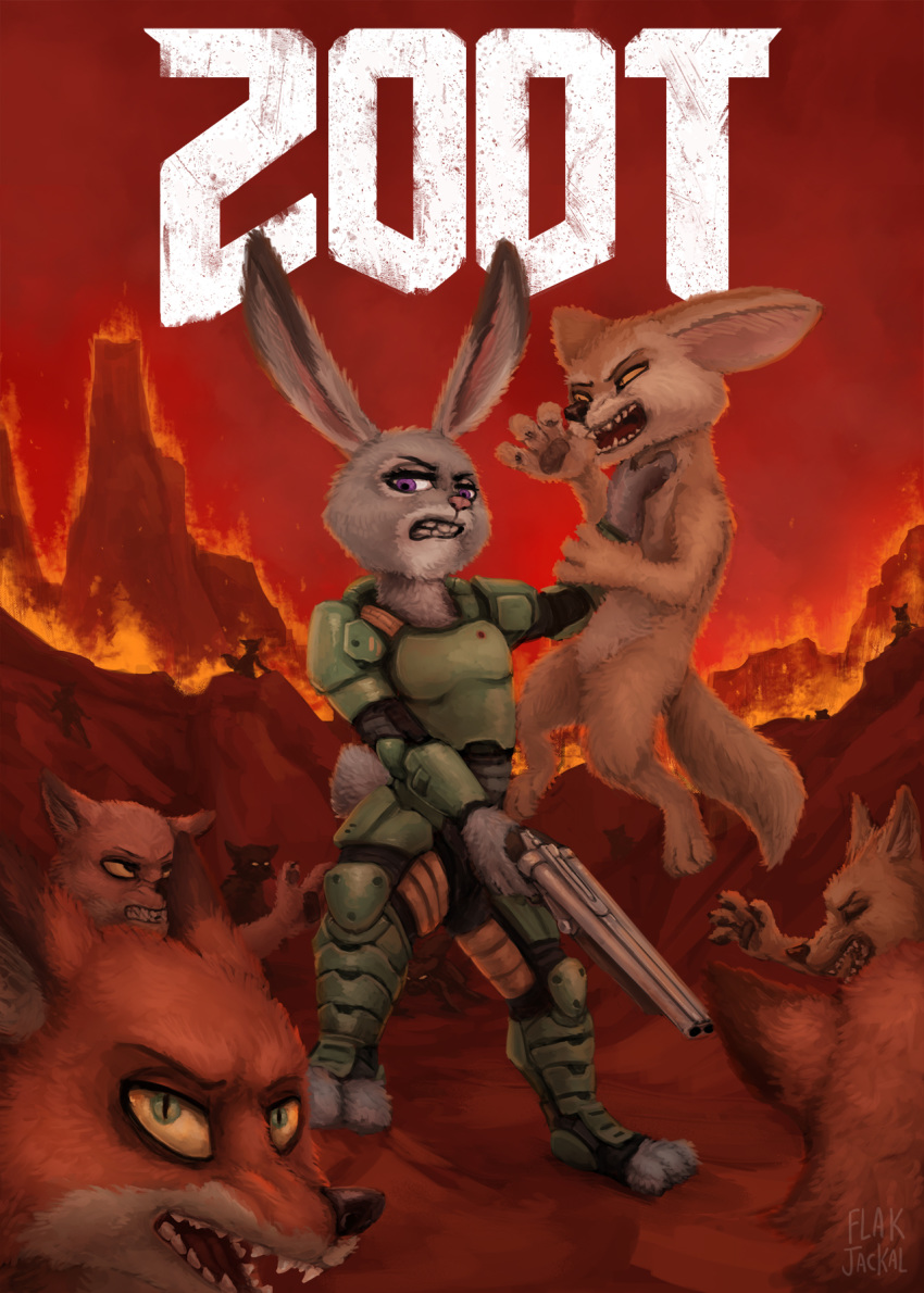 anthro armor canid canine clothed clothing disney doom female fennec feral finnick fire flakjackal fox group gun hell hi_res holding_gun holding_object holding_weapon judy_hopps lagomorph leporid male mammal nick_wilde nude rabbit ranged_weapon shotgun standing teeth video_games weapon zootopia