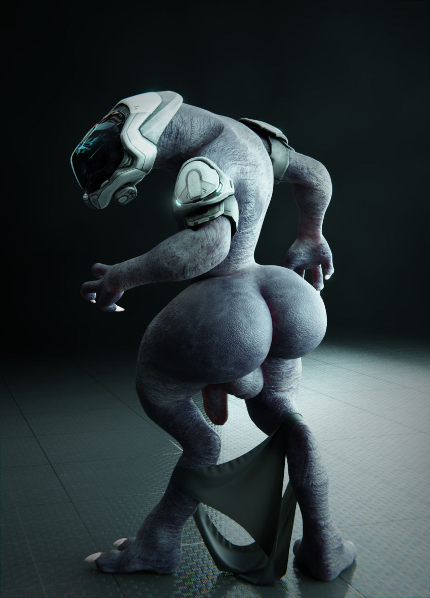 2019 3d_(artwork) alien anthro armor balls big_butt big_penis butt clothing deepspacebug digital_media_(artwork) halo_(series) headgear helmet hi_res looking_back male microsoft nude penis sangheili solo standing thick_thighs underwear video_games xbox_game_studios