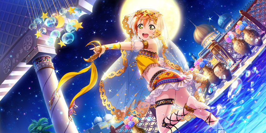 1girl anklet arabian_architecture arabian_clothes artist_request bare_shoulders barefoot cat crop_top detached_sleeves earrings flower full_moon harem_outfit highres hoshizora_rin jewelry looking_at_viewer looking_back love_live! love_live!_school_idol_festival_all_stars love_live!_school_idol_project midriff moon night official_art open_mouth orange_hair puffy_detached_sleeves puffy_short_sleeves puffy_sleeves shirt short_hair short_sleeves skirt smile solo standing standing_on_one_leg strapless thigh_strap vase veil wading water yellow_eyes yellow_shirt