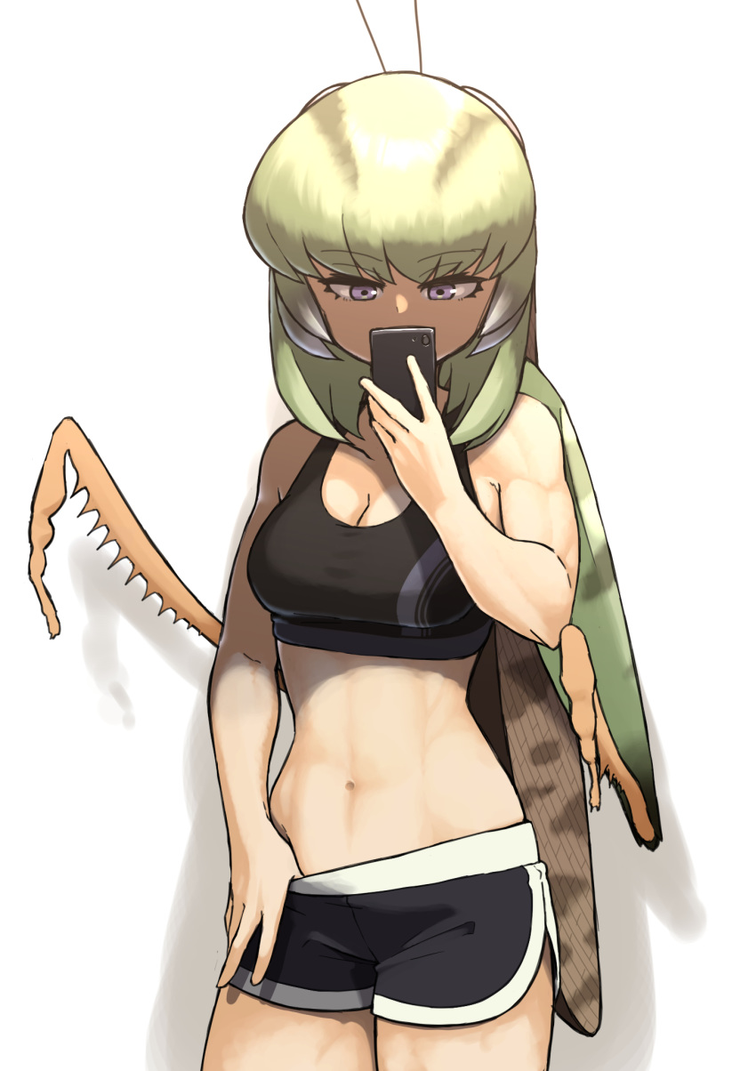 1girl bug cellphone evolvingmonkey grasshopper grasshopper_inoue green_hair highres insect insect_girl monster_girl muscle muscular_female original phone purple_eyes self_shot short_shorts shorts smartphone solo sports_bra sportswear white_background