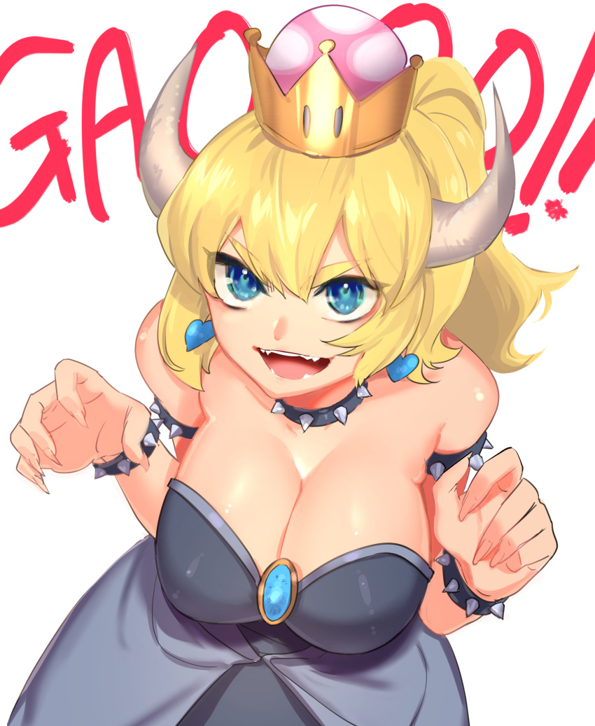1girl absurdres armlet bare_shoulders black_collar black_dress blonde_hair blue_earrings blue_eyes bowsette bracelet breasts claw_pose cleavage collar crown dress earrings eyebrows_visible_through_hair fangs fingernails gao hair_between_eyes hands_up heart high_ponytail highres hisakawa_haru horns jewelry large_breasts leaning_forward long_hair mario_(series) new_super_mario_bros._u_deluxe onomatopoeia open_mouth ponytail sharp_fingernails simple_background smile solo spiked_armlet spiked_bracelet spiked_collar spikes strapless strapless_dress super_crown upper_body v-shaped_eyebrows white_background