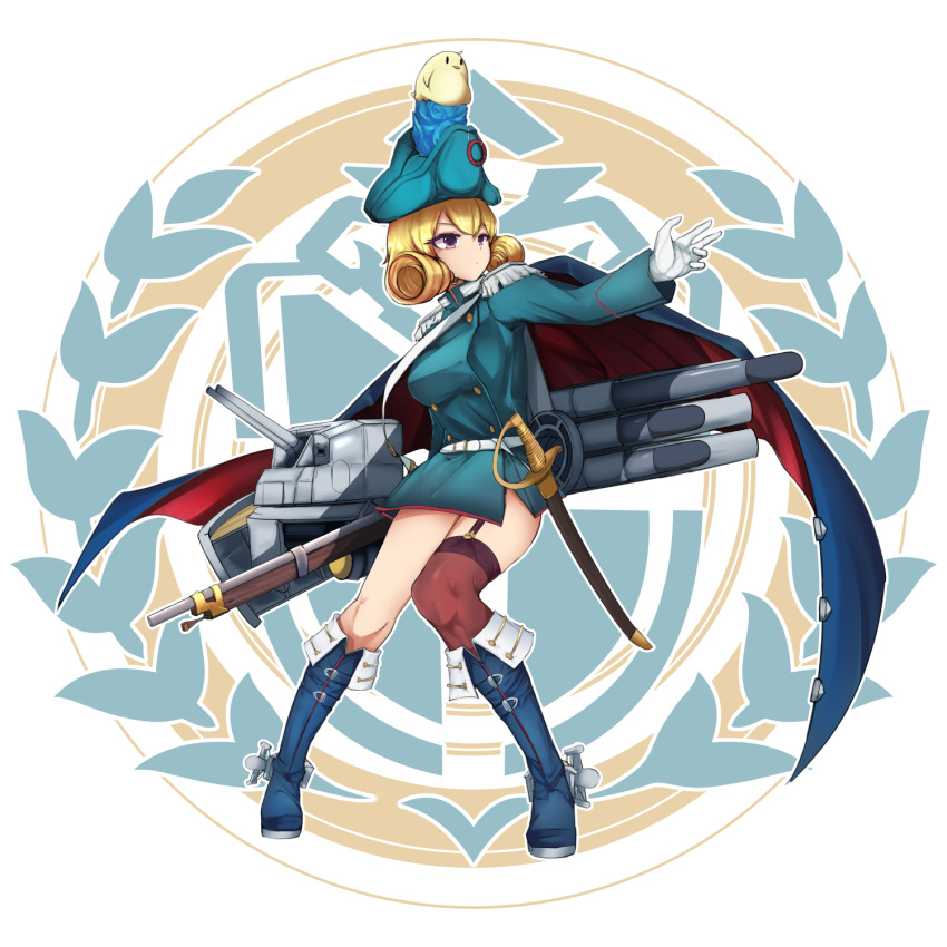 1girl azur_lane bicorne bird blonde_hair blue_cape blue_dress blue_footwear breasts cannon cape carabiner carabiniere_(azur_lane) carabinieri chick collared_dress dress emblem epaulettes eyebrows_visible_through_hair full_body gun hat highres manjuu_(azur_lane) medium_breasts military military_uniform multicolored multicolored_cape multicolored_clothes musket nanostar red_cape red_legwear saber_(weapon) sardegna_empire simple_background single_thighhigh standing sword thighhighs torpedo_tubes transparent_background turret two-tone_ribbon uniform weapon