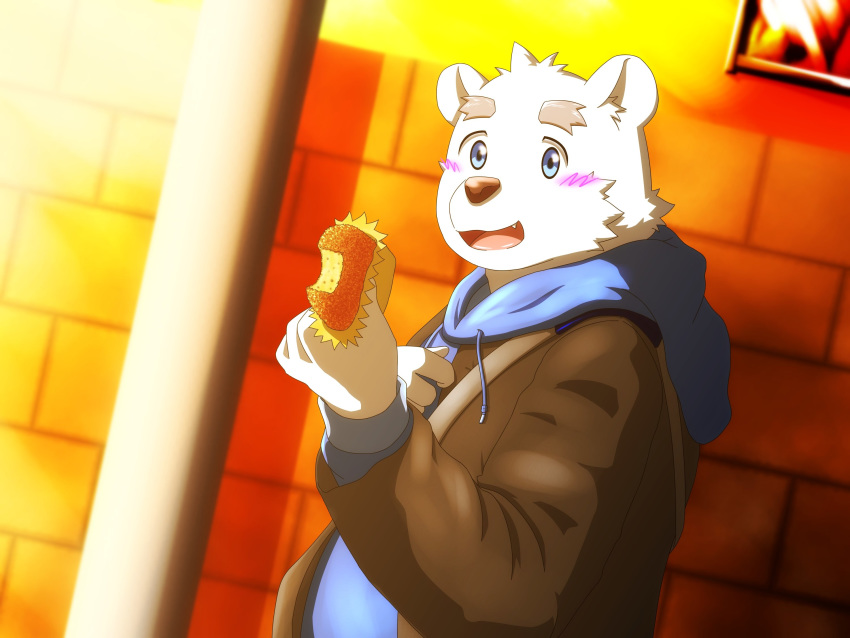 2019 4:3 anthro blush clothing food fur hi_res hoodie humanoid_hands male mammal no_tes outside polar_bear shirane_kan slightly_chubby solo topwear ursid ursine utau white_fur