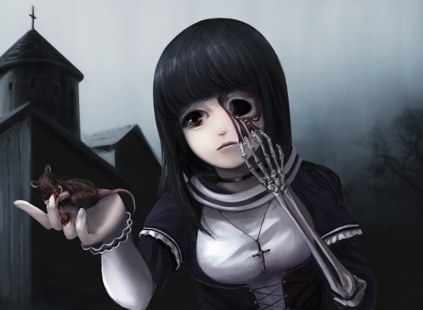 1girl black_hair brown_eyes building choker closed_mouth commentary_request cross cross_necklace eating guro highres jewelry leng_xiin long_hair long_sleeves maggot missing_eye necklace original outdoors rat skeleton