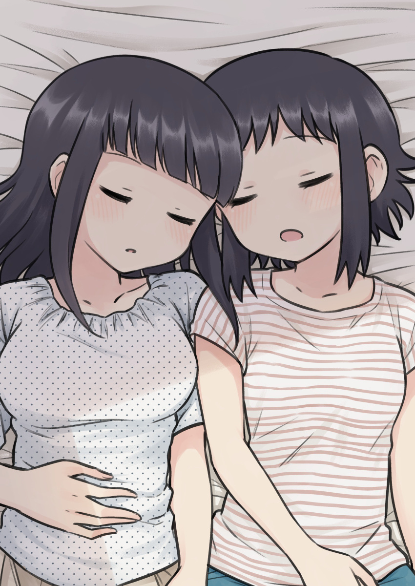 2girls absurdres bernard-jou_iwaku. black_hair blush closed_eyes hand_on_own_stomach highres kanbayashi_shiori machida_sawako meis_(terameisu) multiple_girls open_mouth shirt side-by-side sleeping striped striped_shirt t-shirt yuri