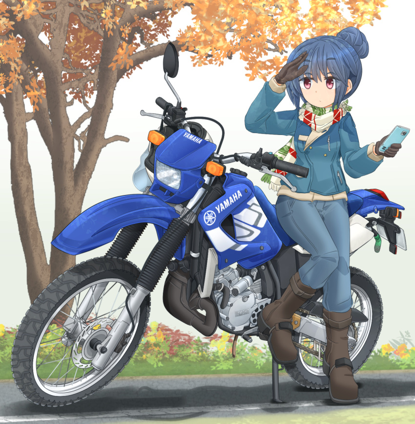 1girl autumn_leaves bangs black_gloves blue_hair blue_jacket blue_pants boots brown_footwear cellphone commentary_request denim denim_jacket eyebrows_visible_through_hair gloves ground_vehicle hair_bun highres holding holding_cellphone holding_phone jacket jeans logo looking_to_the_side mikeran_(mikelan) motor_vehicle motorcycle multicolored multicolored_clothes multicolored_scarf pants partial_commentary phone purple_eyes scarf shading_eyes shima_rin smartphone solo standing standing_on_one_leg striped striped_scarf tree white_background yamaha yurucamp