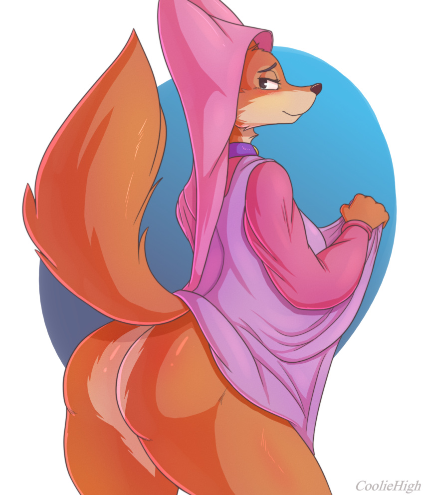 anthro bottomless butt canid canine clothed clothing clothing_lift cooliehigh disney dress dress_lift female fox hi_res looking_back maid_marian mammal robin_hood_(disney) solo