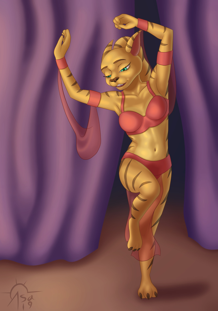 absurd_res angela_cross belly_dancer female fur green_eyes hi_res lombax mammal navel ponytail ratchet_and_clank sacrificabominat stripes video_games yellow_fur