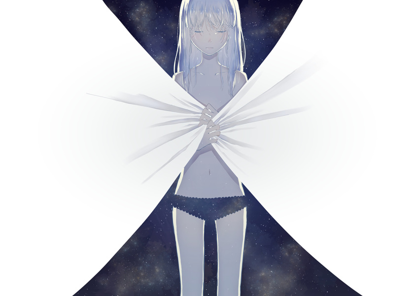 1girl bare_legs bed_sheet closed_eyes collarbone cover covering covering_breasts cowboy_shot expressionless flat_chest grey_hair light_particles long_hair navel necojishi night night_sky original pale_skin panties parted_lips sheet_grab sky solo space star star_(sky) starry_background starry_sky starry_sky_print stomach topless underwear