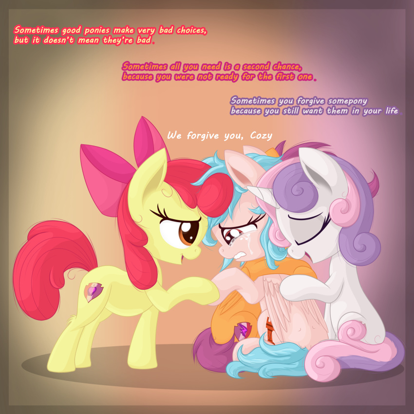 1:1 2019 absurd_res accessory apple_bloom_(mlp) bodily_fluids cozy_glow_(mlp) crying cutie_mark_crusaders_(mlp) dialogue earth_pony english_text equid equine eyes_closed female feral friendship_is_magic hair_accessory hair_bow hair_ribbon hi_res horn horse mammal my_little_pony open_mouth pony pterippus ribbons sad scootaloo_(mlp) sweetie_belle_(mlp) tears text unicorn vito wings young