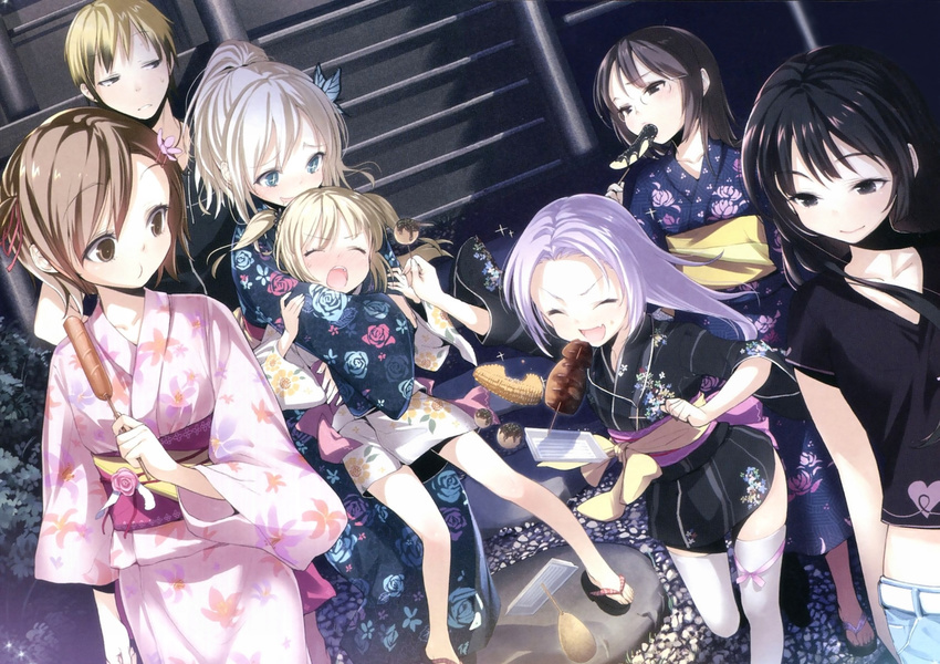 1boy 6+girls boku_wa_tomodachi_ga_sukunai buriki chocolate_banana corn cross eating eyes_closed fang flower food glasses hair_flower hair_ornament hasegawa_kobato hasegawa_kodaka highres hot_dog hug hug_from_behind japanese_clothes kashiwazaki_sena kimono kusunoki_yukimura mikazuki_yozora multiple_girls scan shiguma_rika short_kimono squid takayama_maria takoyaki thighhighs twintails