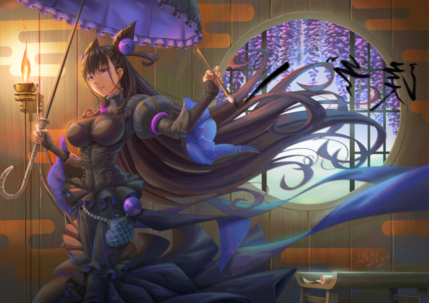1girl absurdres bangs black_dress black_hair breasts brown_hair commentary_request dated double_bun dress eyebrows_visible_through_hair fate/grand_order fate_(series) frills hair_between_eyes hair_ornament highres ho-oh_(artist) large_breasts long_hair long_sleeves looking_at_viewer murasaki_shikibu_(fate) puffy_sleeves purple_eyes sleeves_past_wrists solo two_side_up umbrella very_long_hair