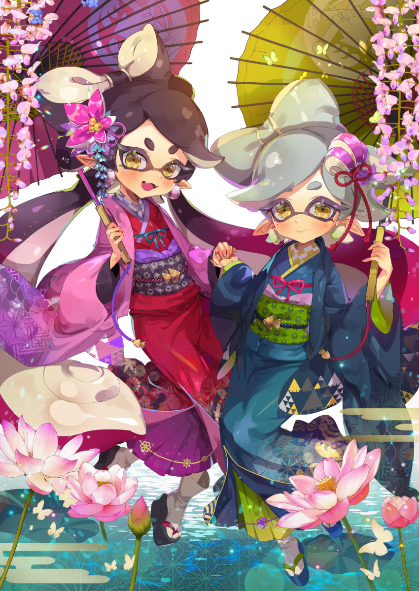 2019 animal_humanoid callie_(splatoon) cephalopod cephalopod_humanoid clothing cousins cpcpcp05 duo fangs female flower flower_in_hair footwear hand_holding hi_res humanoid humanoid_pointy_ears inkling japanese_clothing marie_(splatoon) marine marine_humanoid mollusk mollusk_humanoid nintendo open_mouth open_smile plant pseudo_hair sandals smile splatoon squid_sisters_(splatoon) tentacle_hair tentacles umbrella video_games yellow_eyes