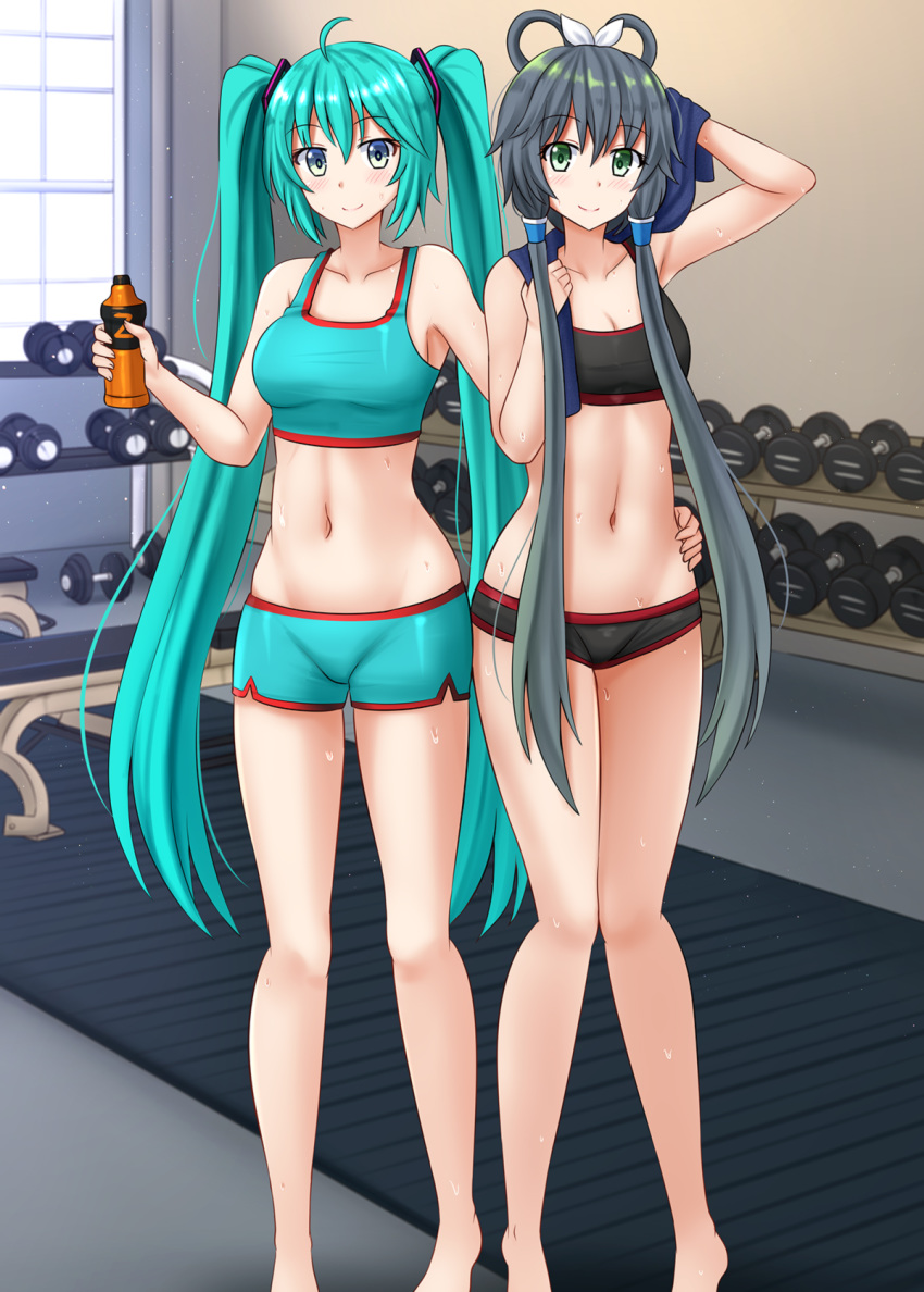 2girls aqua_hair arm_up bare_arms bare_legs bare_shoulders barefoot black_bra black_hair black_shorts blue_eyes blue_shorts blush bottle bra breasts cleavage closed_mouth commentary commission crop_top crossed_arms dumbbell english_commentary green_eyes groin hair_ribbon hair_rings hatsune_miku highres holding holding_bottle holding_towel indoors kazenokaze long_hair low_twintails luo_tianyi medium_breasts multiple_girls navel ribbon short_shorts shorts sidelocks small_breasts smile sports_bra standing sweat towel towel_around_neck twintails underwear very_long_hair vocaloid vsinger white_ribbon