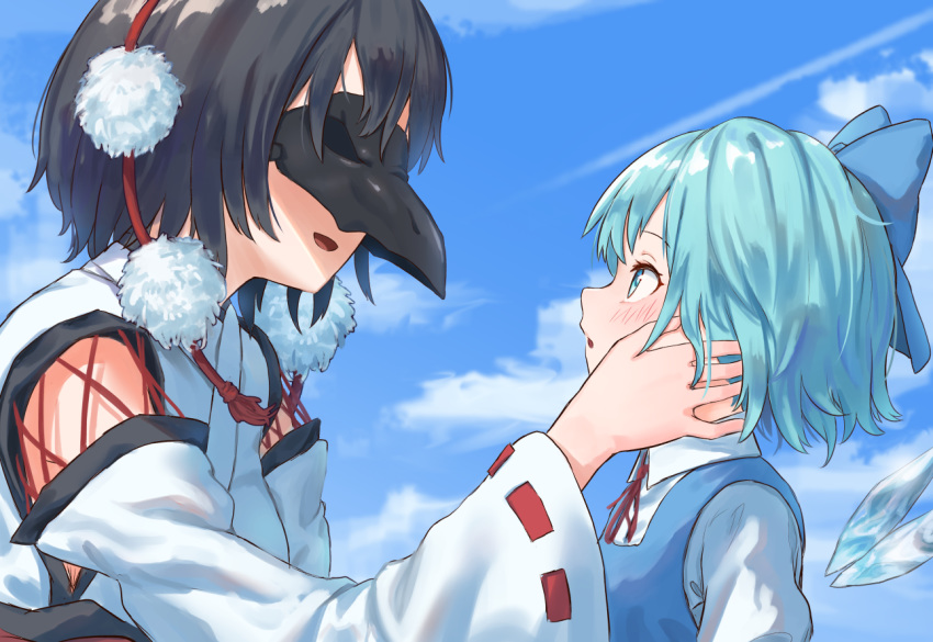 2girls :d alternate_costume bangs bird_mask black_hair blue_bow blue_dress blue_eyes blue_hair blue_sky blush bow breasts cirno cloud commentary_request condensation_trail crow_mask day dress from_side hair_bow ice ice_wings japanese_clothes kimono kourindou_tengu_costume long_sleeves looking_at_another mask medium_breasts multiple_girls open_mouth outdoors parted_lips pinafore_dress pom_pom_(clothes) profile puffy_short_sleeves puffy_sleeves ribbon-trimmed_sleeves ribbon_trim roke_(taikodon) shameimaru_aya shirt short_hair short_sleeves sky smile tassel touhou upper_body white_kimono white_shirt wide_sleeves wings yuri