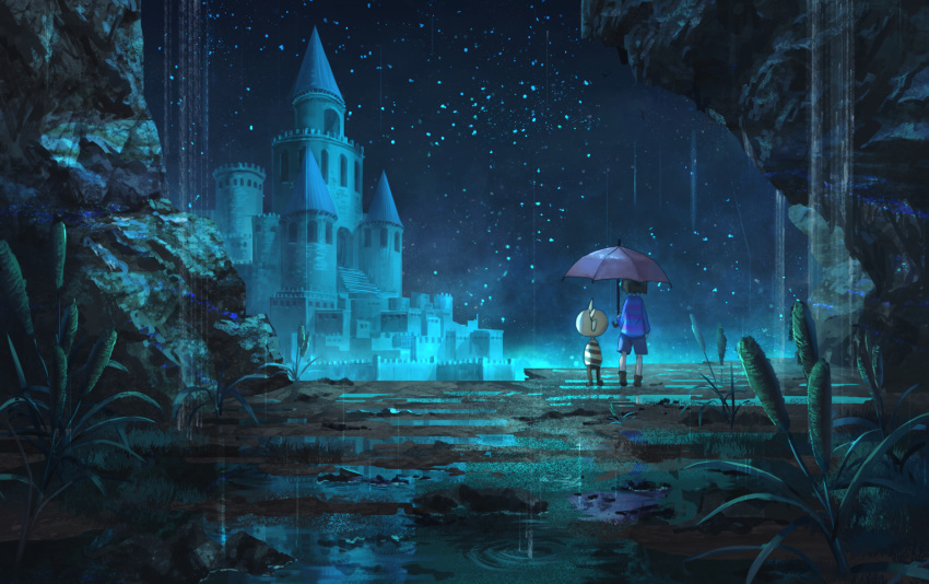 2018 ambiguous_gender bakawasima castle clothing detailed_background duo human mammal monster_kid night plant protagonist_(undertale) raining reflection rock scalie sky star starry_sky umbrella undertale video_games