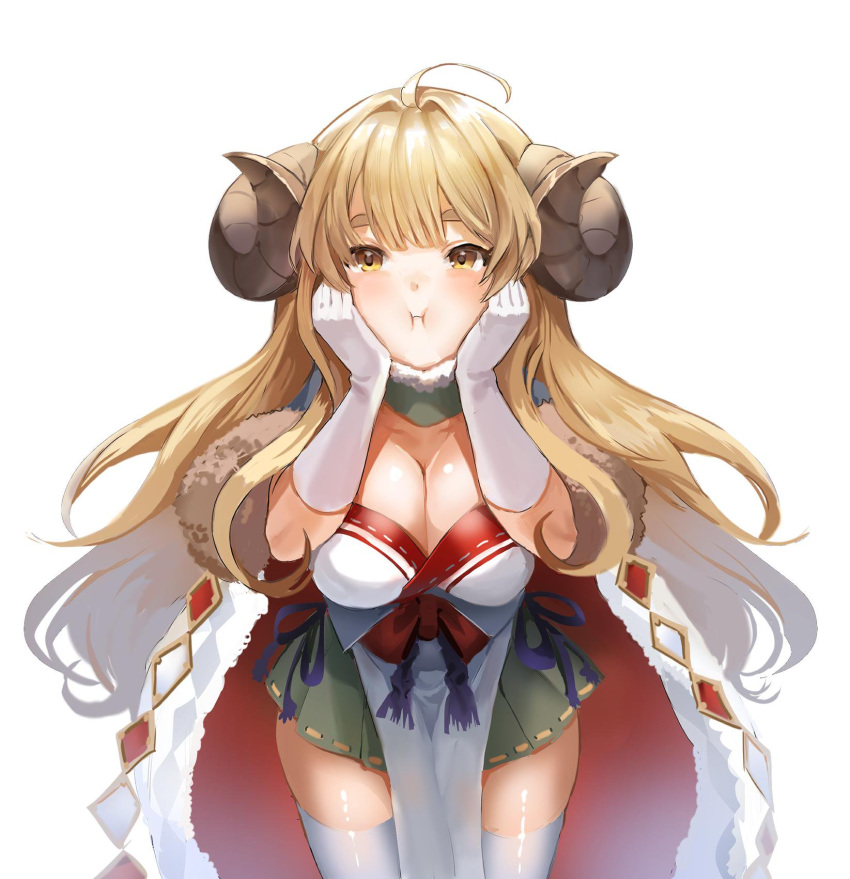 1girl ahoge anila_(granblue_fantasy) bangs blonde_hair blush boba breasts cape cheek_squash cleavage cowboy_shot draph fur_cape gloves granblue_fantasy highres horns large_breasts long_hair miniskirt pleated_skirt sheep_horns skirt solo thick_eyebrows thighhighs very_long_hair white_background white_gloves white_legwear yellow_eyes zettai_ryouiki