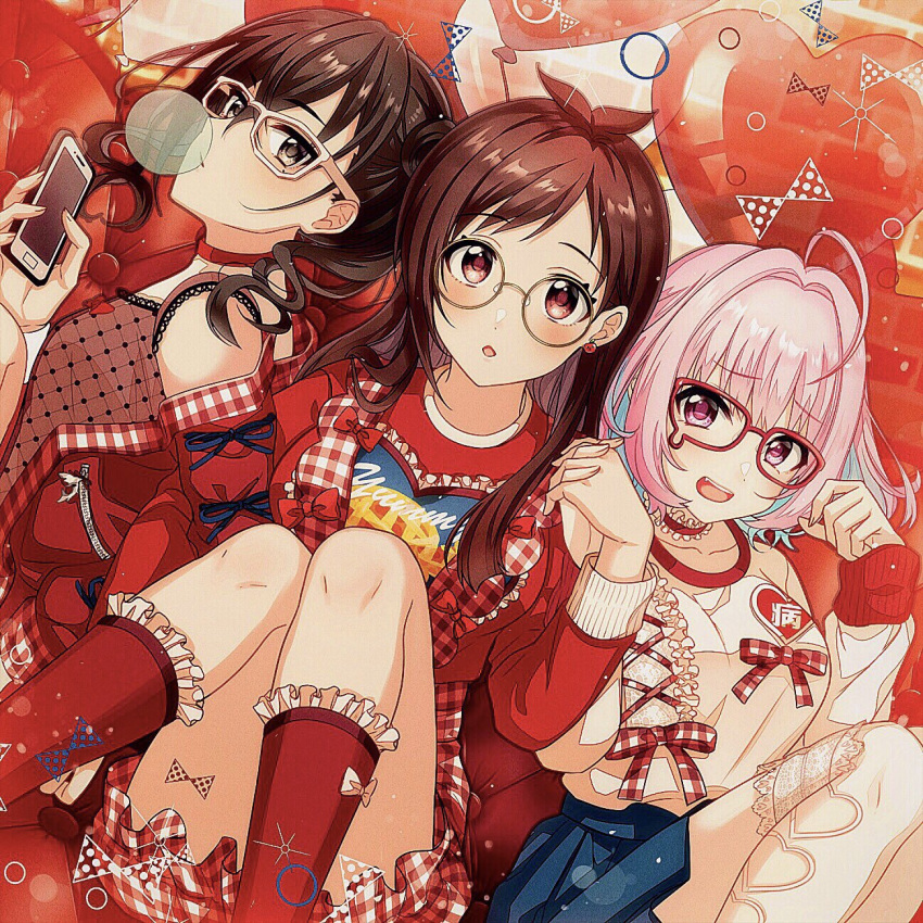 3girls ahoge balloon bangs bare_legs bare_shoulders black_hair blue_hair boots brown_eyes brown_hair bubble_blowing camisole cellphone chewing_gum choker earrings fang frilled_boots frilled_choker frills glasses hair_between_eyes hair_intakes highres holding_hands idolmaster idolmaster_cinderella_girls jacket jewelry long_hair long_sleeves looking_at_viewer migaku1783 mole mole_under_eye multicolored_hair multiple_girls open_mouth phone pink_eyes pink_hair print_shirt red-framed_eyewear red_eyes red_jacket red_shirt ribbon shirt short_hair skirt sunazuka_akira thighhighs thighs tsujino_akari twintails two-tone_hair yumemi_riamu