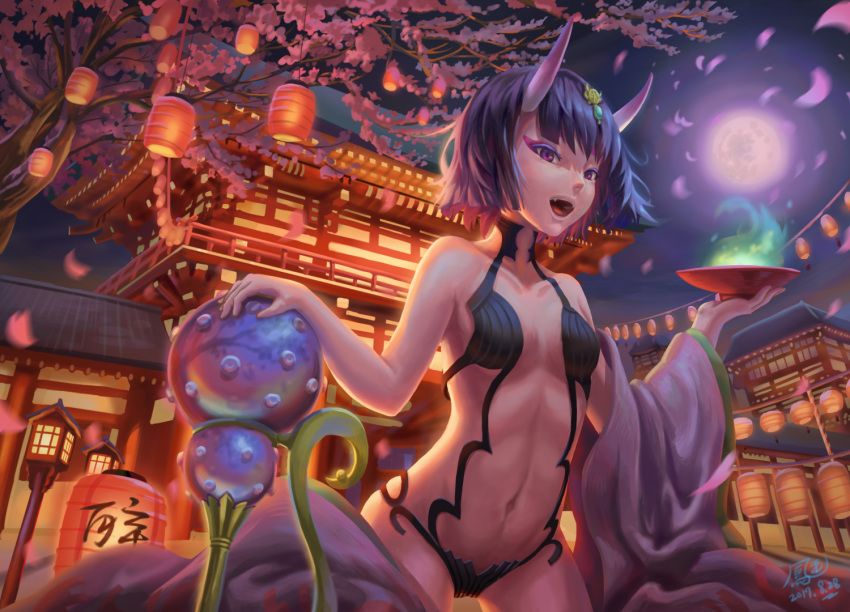 1girl bangs bare_shoulders breasts commentary_request cup fate/grand_order fate_(series) ho-oh_(artist) horns japanese_clothes kimono lamp looking_at_viewer moon navel night oni oni_horns open_mouth outdoors purple_eyes purple_hair short_hair shuten_douji_(fate/grand_order) small_breasts smile solo tree