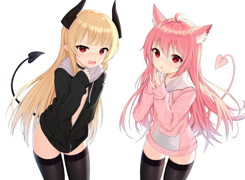 2girls ahoge animal_ear_fluff animal_ears black_choker black_jacket black_legwear blonde_hair cat_ears choker commission cowboy_shot demon_girl demon_horns demon_tail drawstring fang hand_up hands_up highres horns jacket long_hair long_sleeves looking_at_viewer multiple_girls naked_coat open_mouth original parted_lips pink_hair pink_jacket pointy_ears red_eyes sidelocks simple_background standing tail thighhighs thighs tttanggvl very_long_hair white_background