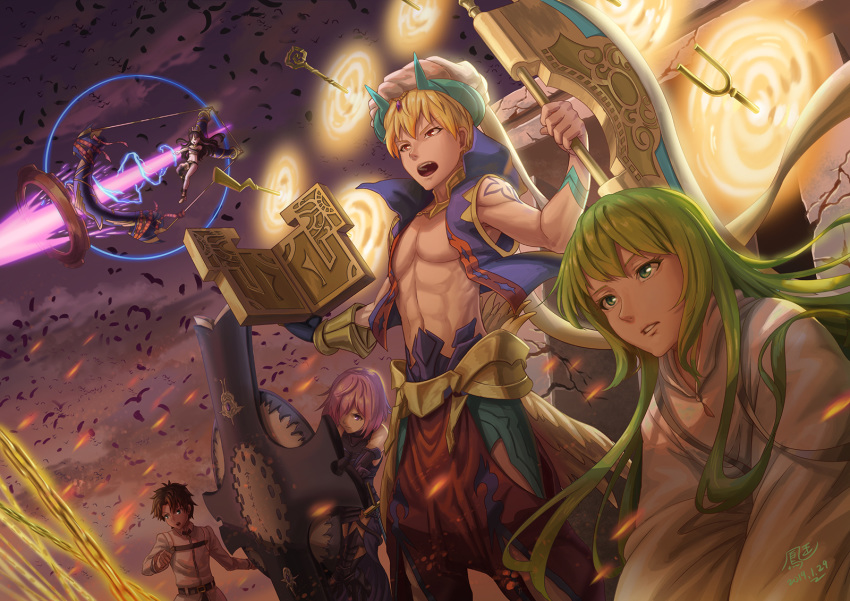 1other 2boys 2girls armor bare_shoulders bird black_hair blonde_hair blue_jacket commentary_request enkidu_(fate/strange_fake) eyebrows_visible_through_hair fate_(series) fujimaru_ritsuka_(male) gilgamesh gilgamesh_(caster)_(fate) green_eyes green_hair hair_between_eyes hat highres ho-oh_(artist) holding_shield ishtar_(fate/grand_order) jacket long_hair long_sleeves magic mash_kyrielight multiple_boys multiple_girls open_mouth purple_eyes red_eyes shield short_hair sleeveless sleeveless_jacket tattoo white_headwear white_jacket