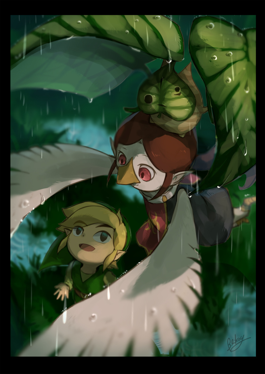 2019 animal_humanoid avian avian_humanoid beak blikeeeey blonde_hair brown_hair clothing female group hair hi_res humanoid hylian korok leaf makar male medli nintendo nose_beak open_mouth plant raining red_eyes rito signature the_legend_of_zelda toon_link video_games wet wind_waker wings