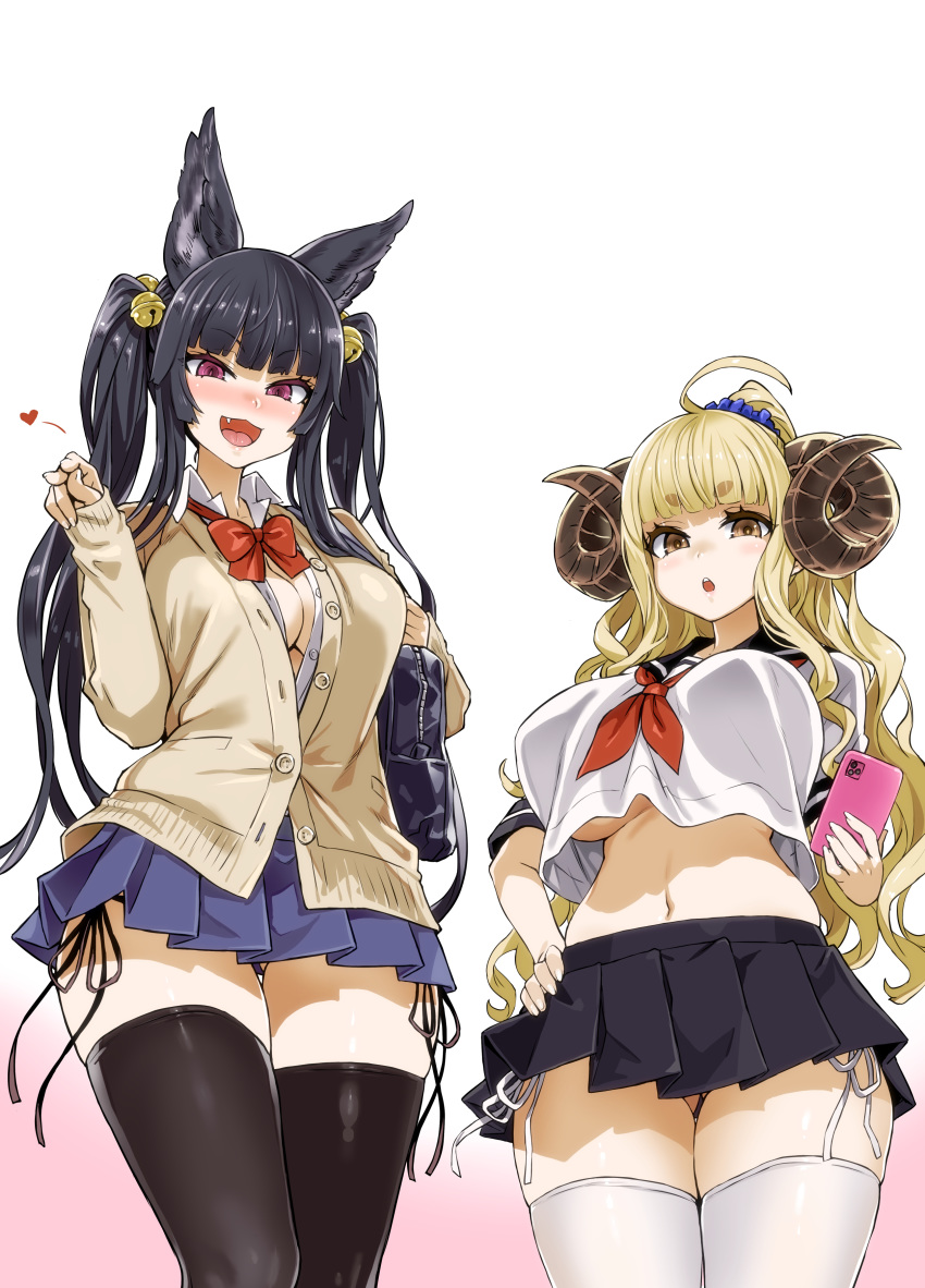 2girls absurdres ahoge anila_(granblue_fantasy) animal_ears asanagi ass_visible_through_thighs bag bangs bell black_hair black_legwear black_panties blazer blonde_hair blunt_bangs blush bow bowtie breasts cardigan cellphone cleavage collared_shirt crop_top draph empty_eyes erune eyebrows_visible_through_hair fang fantia_reward fox_ears fox_girl goat_girl goat_horns granblue_fantasy hair_bell hair_ornament half-closed_eyes hand_on_hip high_ponytail highres horns jacket jingle_bell large_breasts lips long_hair long_sleeves looking_at_viewer lowleg lowleg_panties medium_breasts midriff miniskirt multiple_girls navel neckerchief no_bra open_mouth paid_reward panties phone pleated_skirt ponytail purple_eyes sailor_collar school_bag school_uniform scrunchie serafuku sheep_horns shirt short_eyebrows short_sleeves side-tie_panties sidelocks simple_background skindentation skirt smartphone smile stomach string_bikini thick_eyebrows thigh_gap thighhighs thighs twintails underboob underwear v-shaped_eyebrows wavy_hair white_legwear white_panties yellow_eyes yuel_(granblue_fantasy)