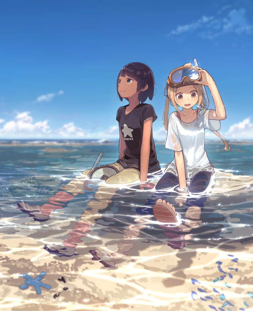 2girls blonde_hair blue_sky brown_eyes brown_hair cloud commentary_request contemporary dark_skin day goggles goggles_on_head highres light_smile medium_hair minamito multiple_girls ocean open_mouth original outdoors partially_submerged sandals shirt shoes short_hair shorts side_ponytail sitting sky sneakers snorkel starfish summer t-shirt tomboy water wet wet_clothes wet_shirt
