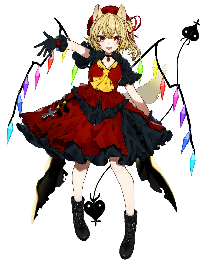 1girl :d absurdres alternate_costume arm_up ascot bangs black_choker black_footwear black_gloves blonde_hair blush boots choker crystal daimaou_ruaeru dress eyebrows_visible_through_hair flandre_scarlet full_body gloves hair_ribbon hat highres holding laevatein looking_at_viewer mob_cap one_side_up open_mouth petticoat red_dress red_eyes red_headwear red_ribbon ribbon short_hair short_sleeves simple_background smile solo standing touhou white_background wings yellow_neckwear