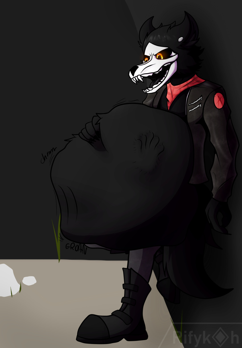 2019 absurd_res anthro belly bone canid canine canis clothed clothing death digestion digital_media_(artwork) ear_piercing footwear fur hi_res jacket male mammal monster open_mouth piercing rifykoh shoes simple_background skull skullface teeth tongue topwear vore watermark wolf