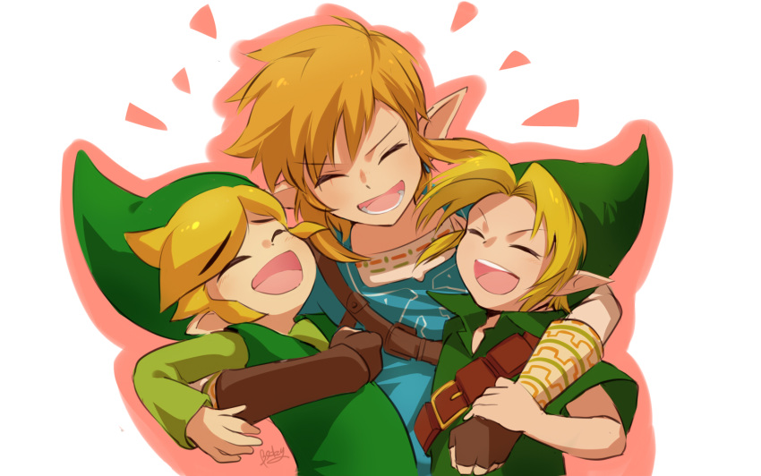 2019 blikeeeey blonde_hair breath_of_the_wild clothing eyes_closed fingerless_gloves gloves group hair handwear hug humanoid humanoid_pointy_ears hylian link male nintendo not_furry open_mouth open_smile signature simple_background smile the_legend_of_zelda toon_link video_games wind_waker young_link