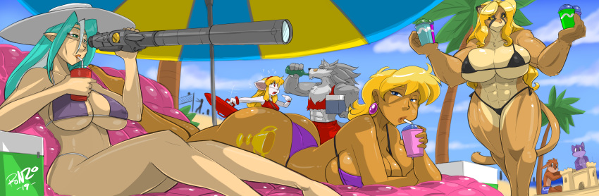 abs absurd_res anthro beach beverage big_breasts big_butt bikini breasts butt canid canine canis cleavage clothed clothing felid female friendship_is_magic hi_res human humanoid lion male mammal mature_female ms._harshwhinny_(mlp) muscular muscular_female muscular_male my_little_pony nipple_outline pantherine seaside shonuff swimwear telescope thong umbrella wolf