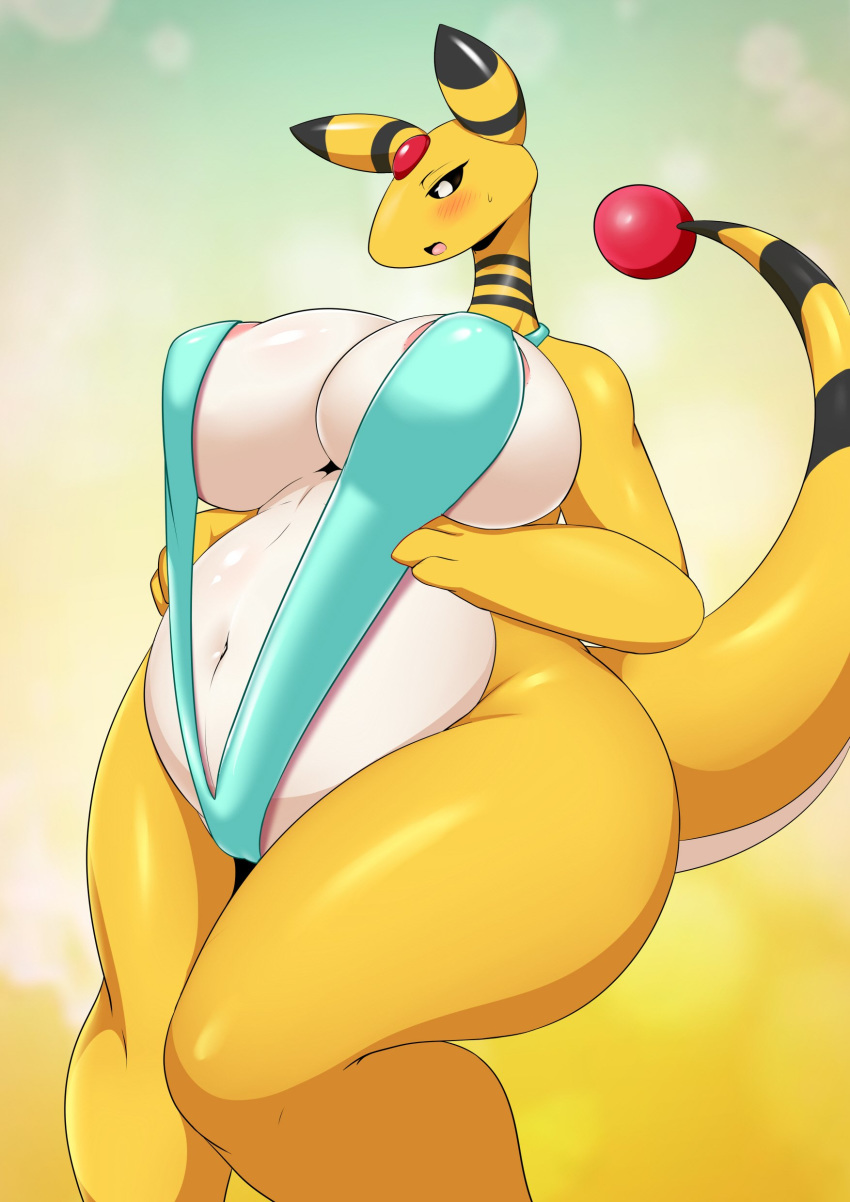 2019 absurd_res ampharos anthro areola areola_slip belly big_breasts bikini black_body blush breasts clothing countershading digital_media_(artwork) female forehead_gem front_view hi_res knock-kneed navel nintendo nipple_outline pok&eacute;mon pok&eacute;mon_(species) pok&eacute;morph portrait slightly_chubby sling_bikini solo standing swimwear tailzkim thick_thighs three-quarter_portrait video_games voluptuous wide_hips yellow_body