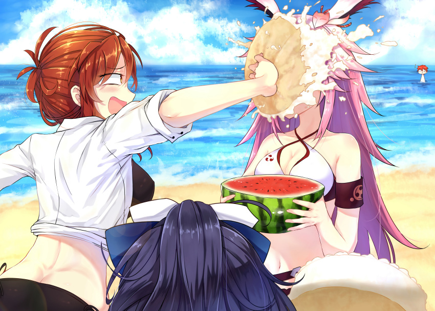 1boy 3girls absurdres animal_ears beach benghuai_xueyuan bikini black_hair breasts cake cleavage commentary commentary_request diaoxian_kuangmo dress_shirt food fruit highres honkai_(series) honkai_impact_3rd in_the_face long_hair multiple_girls murata_himeko ornament pie pie_in_face pink_hair red_hair sand shirt swimsuit water watermelon yae_sakura