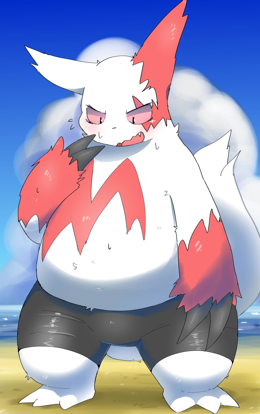 2019 absurd_res anthro beach belly blush clothing cute_fangs dorobo_39 fur hi_res male nintendo outside overweight overweight_male pok&eacute;mon pok&eacute;mon_(species) seaside solo swimwear video_games water white_fur zangoose