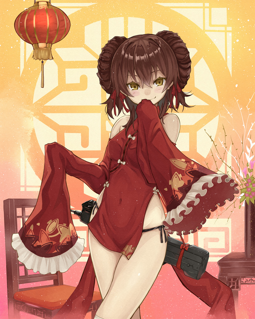 1girl animal_print breasts brown_hair chair china_dress chinese_border chinese_clothes colored_eyelashes commentary_request cowboy_shot dress fish_print flower frilled_sleeves frills girls_frontline hair_ribbon hand_to_own_mouth hanging_light highres lamp looking_at_viewer numazume panties qbz-97 qbz-97_(girls_frontline) red_ribbon ribbon side-tie_panties sleeves_past_wrists small_breasts smirk solo table tassel thighs underwear vase yellow_eyes