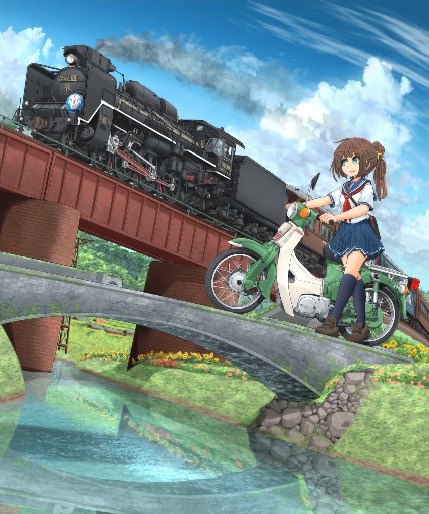 1girl 1other absurdres bag black_footwear blouse blue_sky bridge brown_hair carrying cloud cloudy_sky commentary_request daisy day dutch_angle eyebrows_visible_through_hair flower green_eyes ground_vehicle hair_ribbon highres honda kneehighs loafers locomotive mikeran_(mikelan) miniskirt motor_vehicle motorcycle navy_blue_legwear navy_blue_skirt necktie open_mouth orange_ribbon original outdoors partial_commentary pleated_skirt ponytail print_skirt red_neckwear reflection ribbon river satchel school_uniform serafuku shoes short_sleeves single_horizontal_stripe skirt sky smile smoke standing steam_locomotive summer train utility_pole wallpaper white_blouse