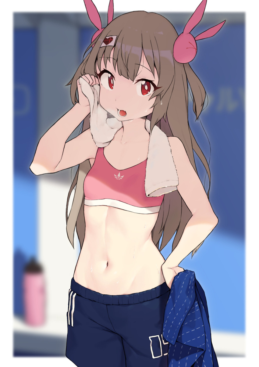 1girl absurdres armpits bare_arms bare_shoulders blue_shorts blurry blurry_background brown_hair bunny_hair_ornament cloba collarbone cowboy_shot depth_of_field hair_ornament hand_on_hip hand_up heart highres holding long_hair looking_at_viewer midriff natori_sana navel open_mouth red_eyes sana_channel shorts solo sports_bra standing sweat towel two_side_up virtual_youtuber